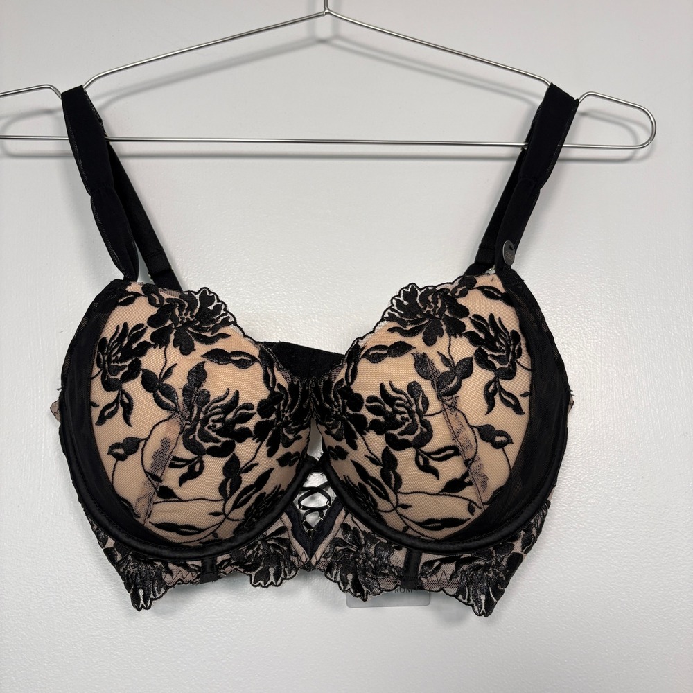 Ann Summers Women Bra 32DD Nude Black Floral Lace Embroidered Underwire NEW